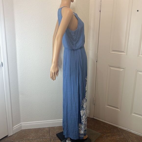 AUW Dress Sz Medium Blue Spaghetti Straps Sleeveless Crotchet Floral Summer Maxi - Picture 5 of 13